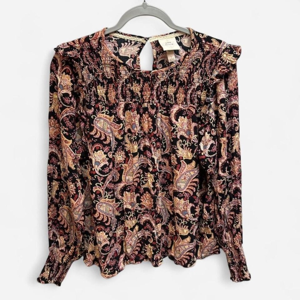 KNOX‎ ROSE  Black & pink paisley print blouse with ruffle sleevess SIZE L